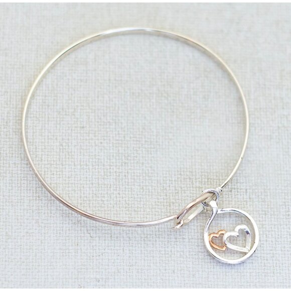 Vintage Minimalist Double Heart Ring Silver Tone Dainty Bangle - F1 - Picture 1 of 4